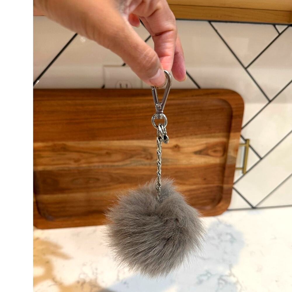Michael Kors Large Fur Pom Pom Bag Charm keychain neutral glam silver tone